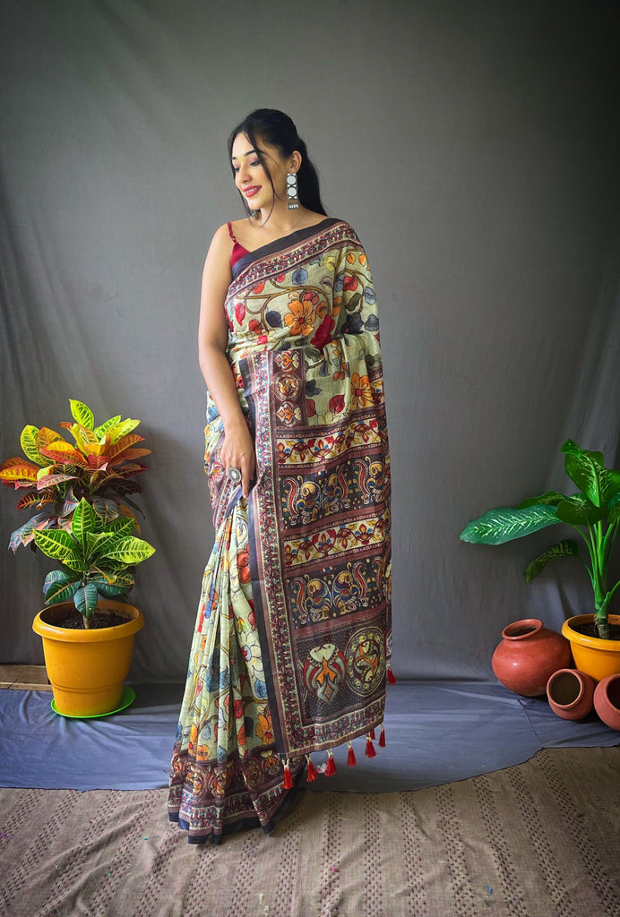 Cotton Kalamkari Printed Saree Olive Green Clothsvilla