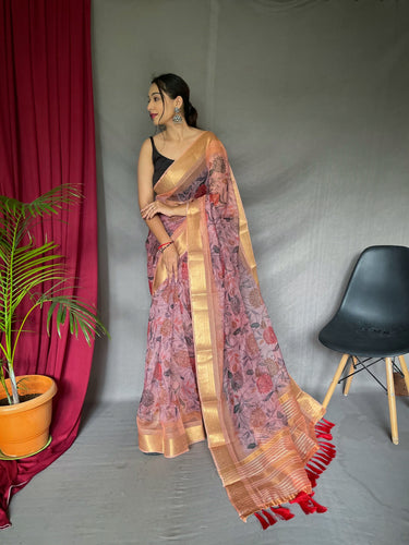Organza Floral Printed with Sequins Jacquard Woven Saree Daisy Pink Clothsvilla