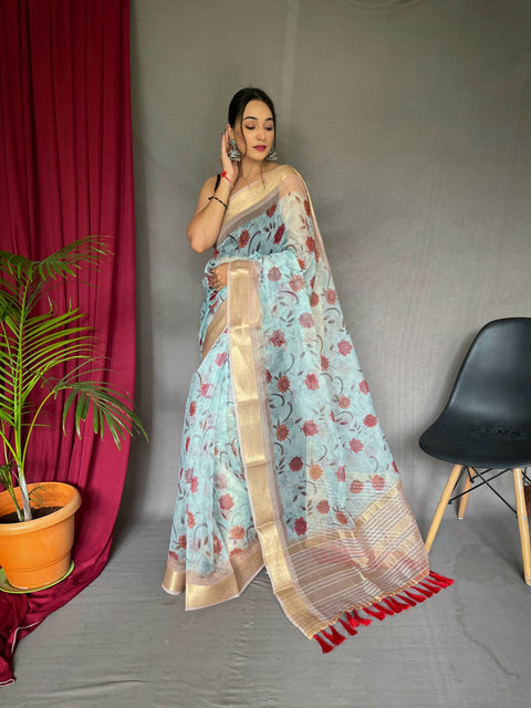 Organza Floral Printed with Sequins Jacquard Woven Saree Powder Blue Clothsvilla Main image