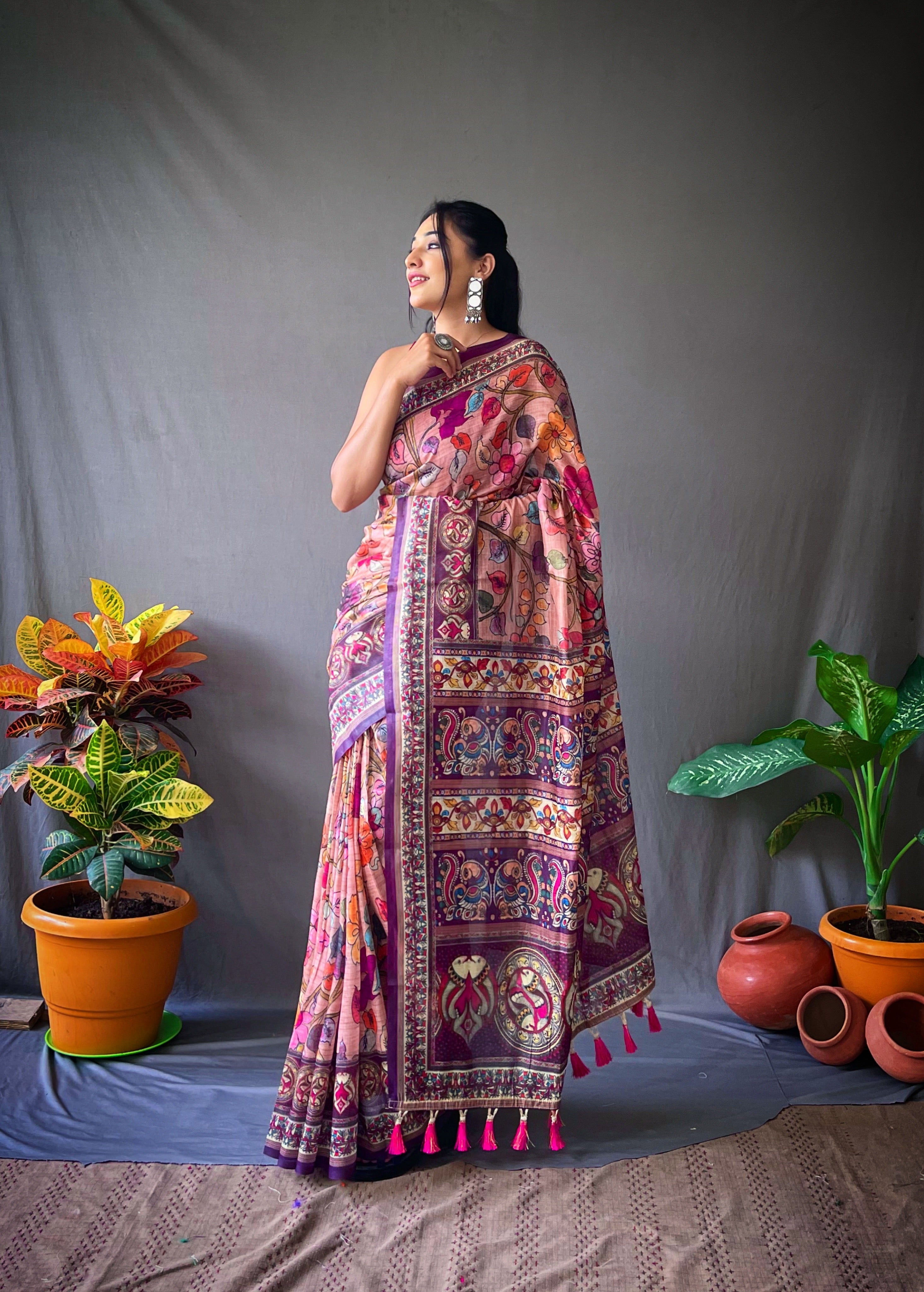Peachy Pink Cotton Kalamkari Printed Saree Clothsvilla