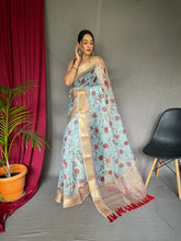 Load image into Gallery viewer, Organza Floral Printed with Sequins Jacquard Woven Saree Powder Blue Clothsvilla