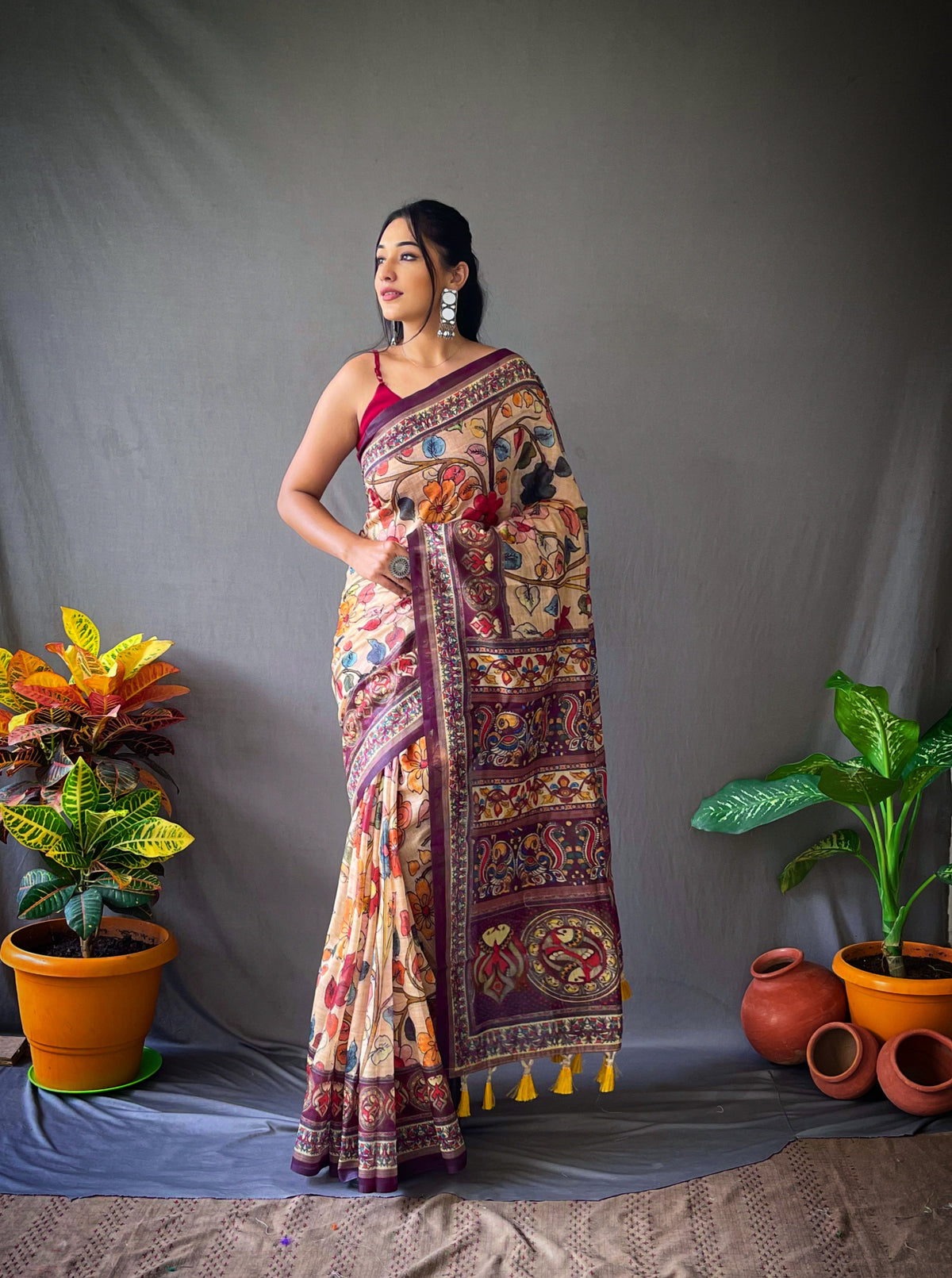 Cotton Kalamkari Printed Saree Chickoo Clothsvilla