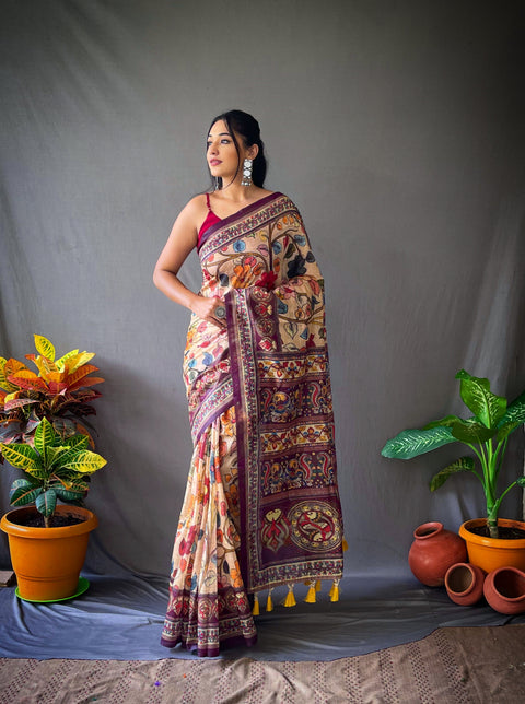 Cotton Kalamkari Printed Saree Chickoo Clothsvilla Main image