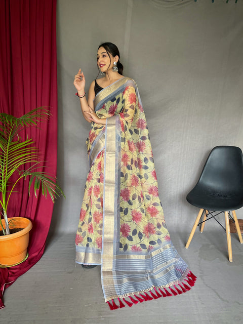 Organza Floral Printed with Sequins Jacquard Woven Saree Pastel Yellow Clothsvilla Main image