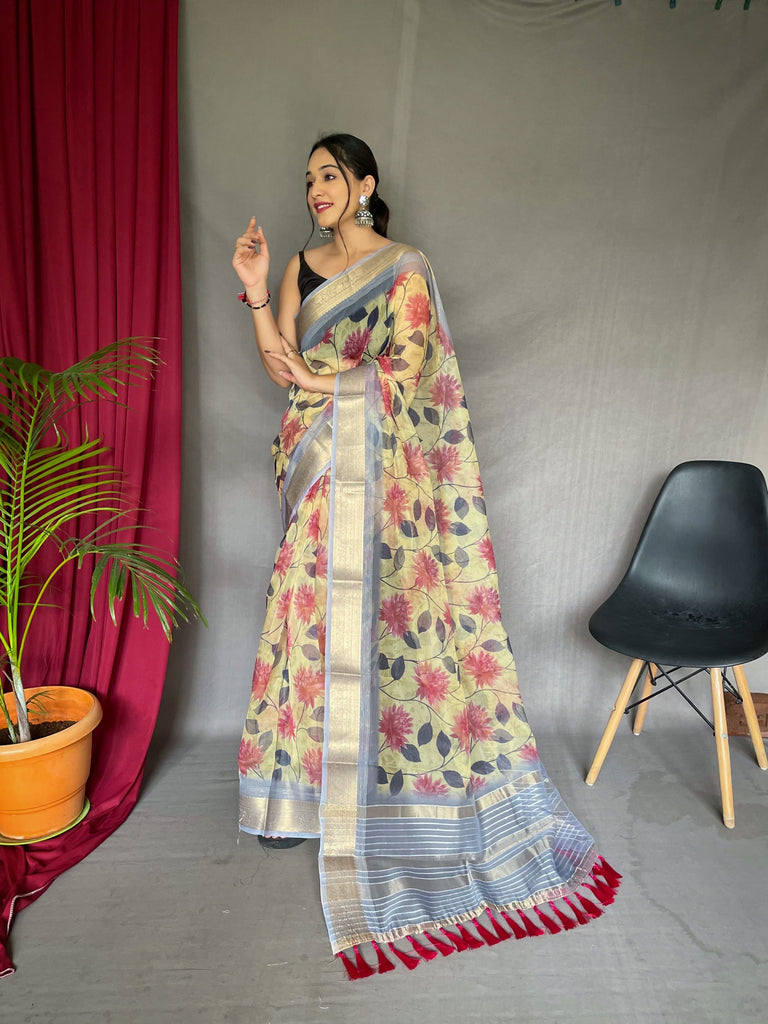 Organza Floral Printed with Sequins Jacquard Woven Saree Pastel Yellow Clothsvilla