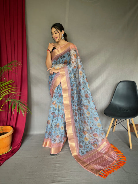 Organza Floral Printed with Sequins Jacquard Woven Saree Moonstone Blue Clothsvilla Main image