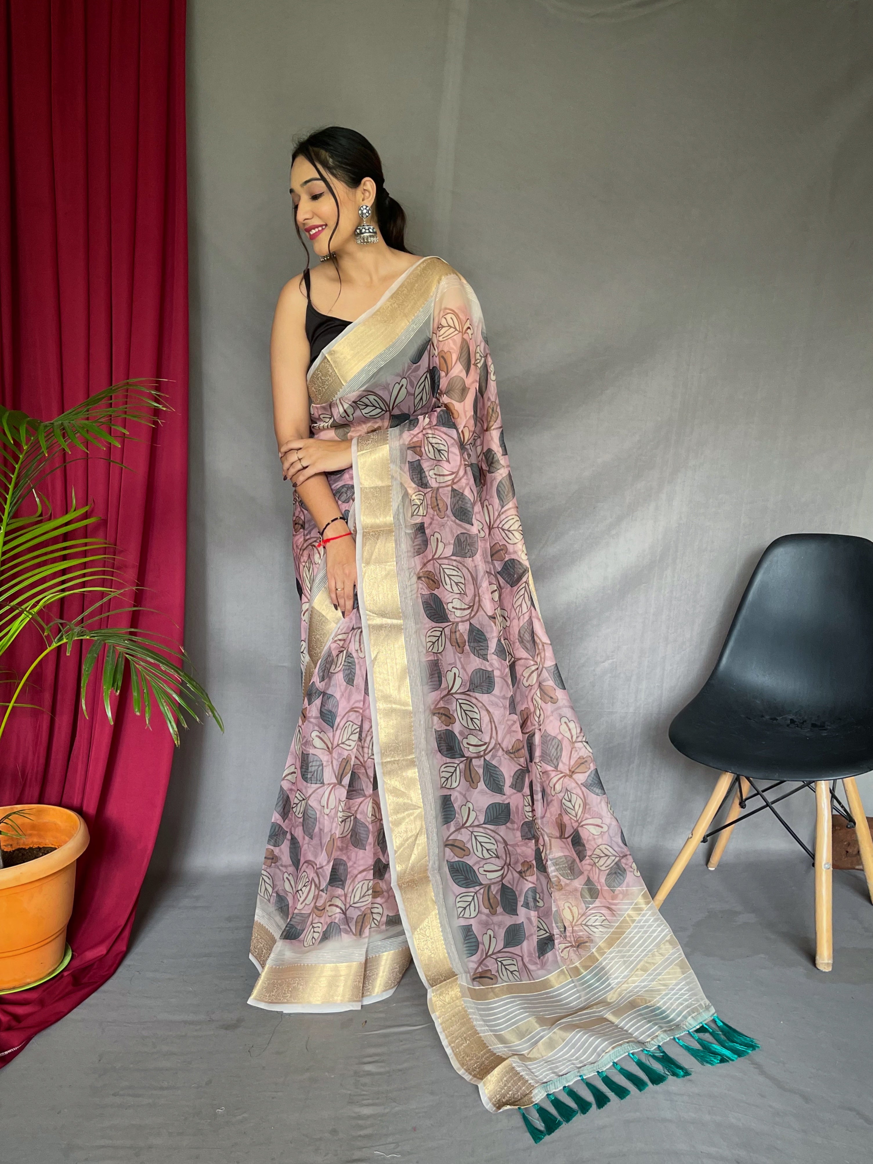 Organza Floral Printed with Sequins Jacquard Woven Saree Beauty Bush Clothsvilla
