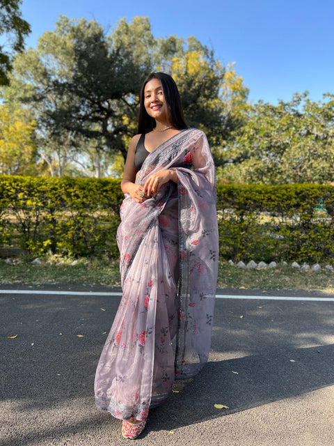 Pure Soft Organza Floral Printed Grey Sequins Coding Work Saree Dusty Grey Clothsvilla Main image