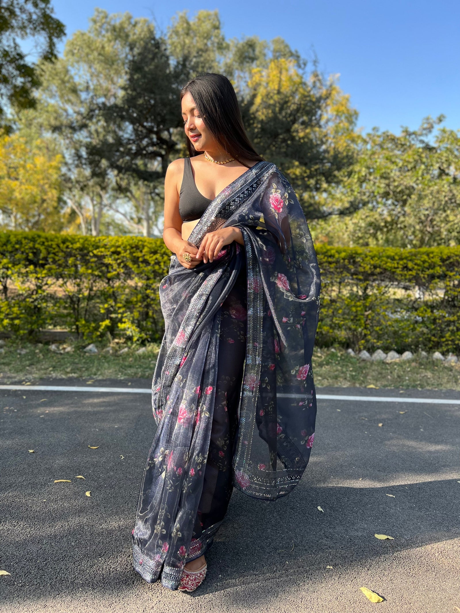 Pure Soft Organza Floral Printed Grey Sequins Coding Work Saree Black Clothsvilla