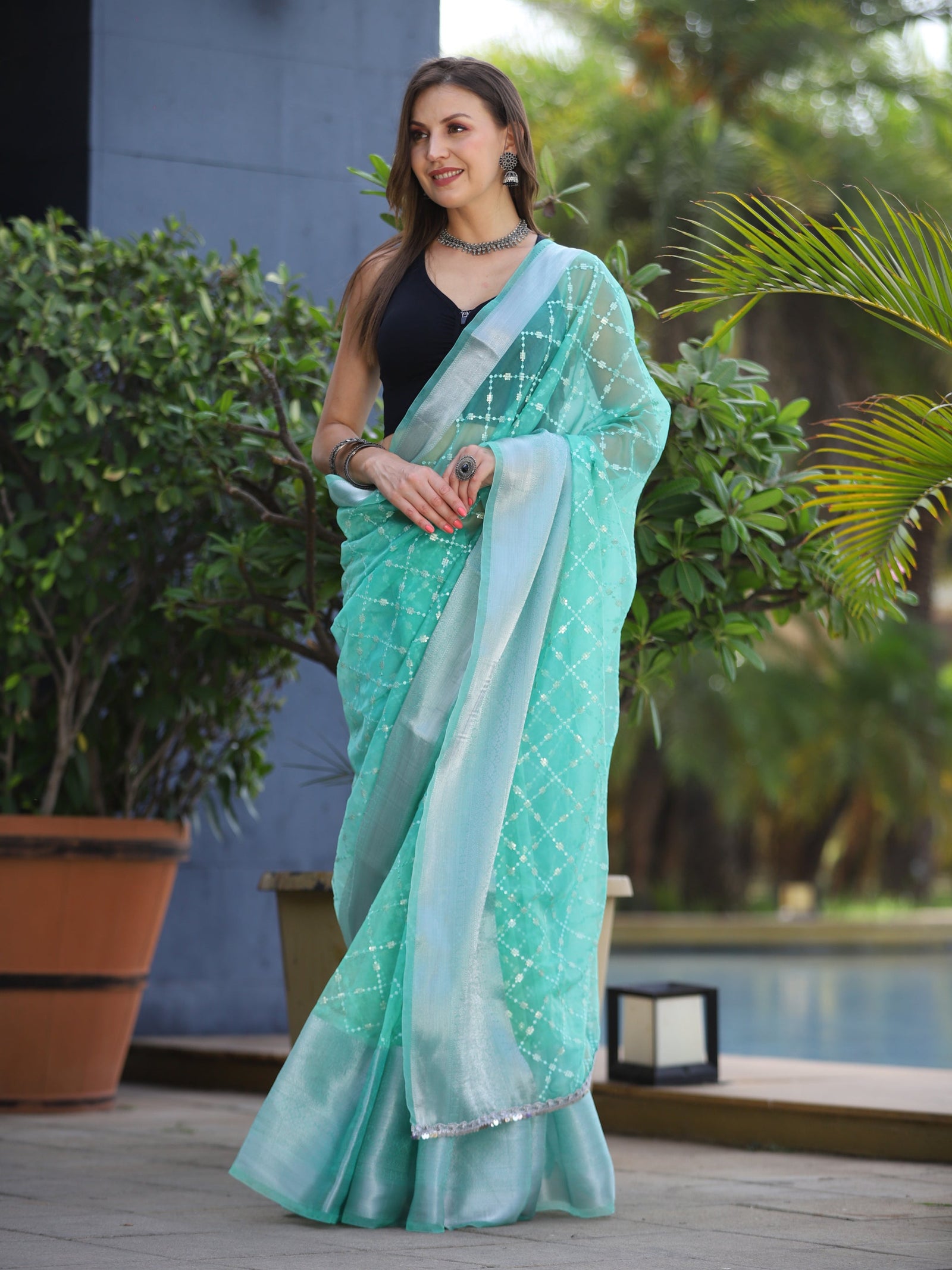 Pure Organza Embroidered Work Saree Light Sea Green Clothsvilla