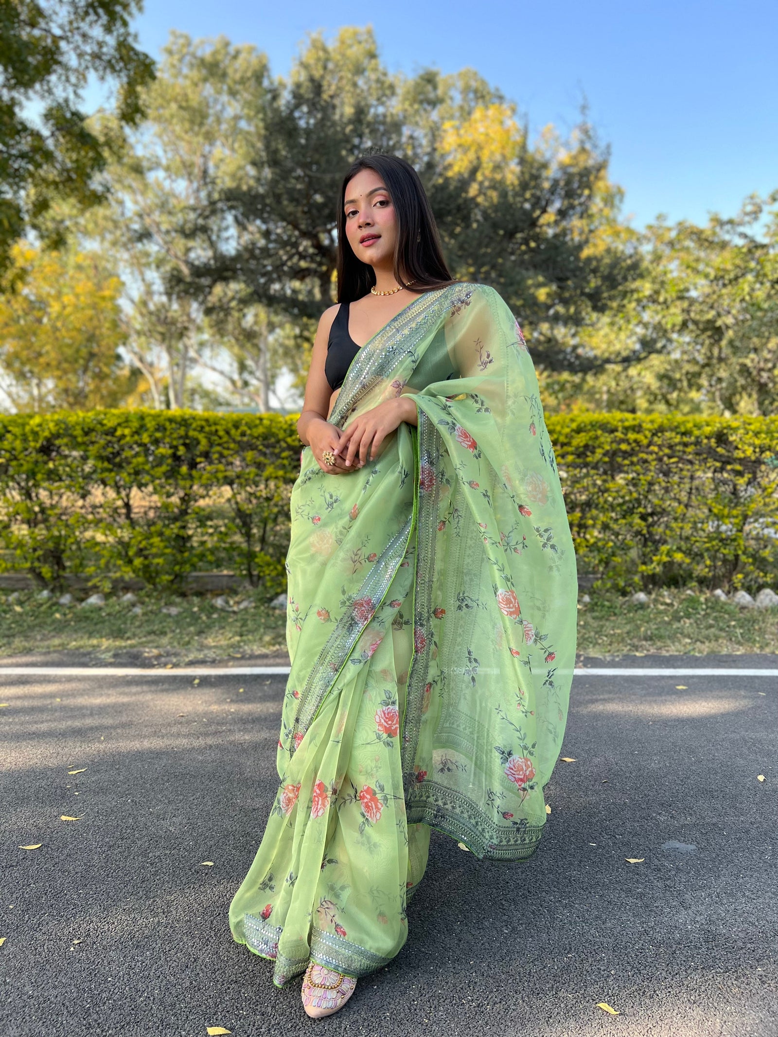 Pure Soft Organza Floral Printed Grey Sequins Coding Work Saree Pastel Green Clothsvilla