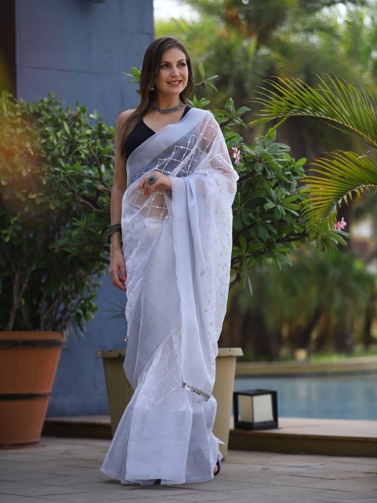 Pure Organza Embroidered Work Saree White Clothsvilla