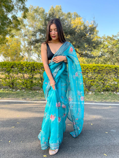 Pure Soft Organza Floral Printed Grey Sequins Coding Work Saree Pacific Blue Clothsvilla Main image