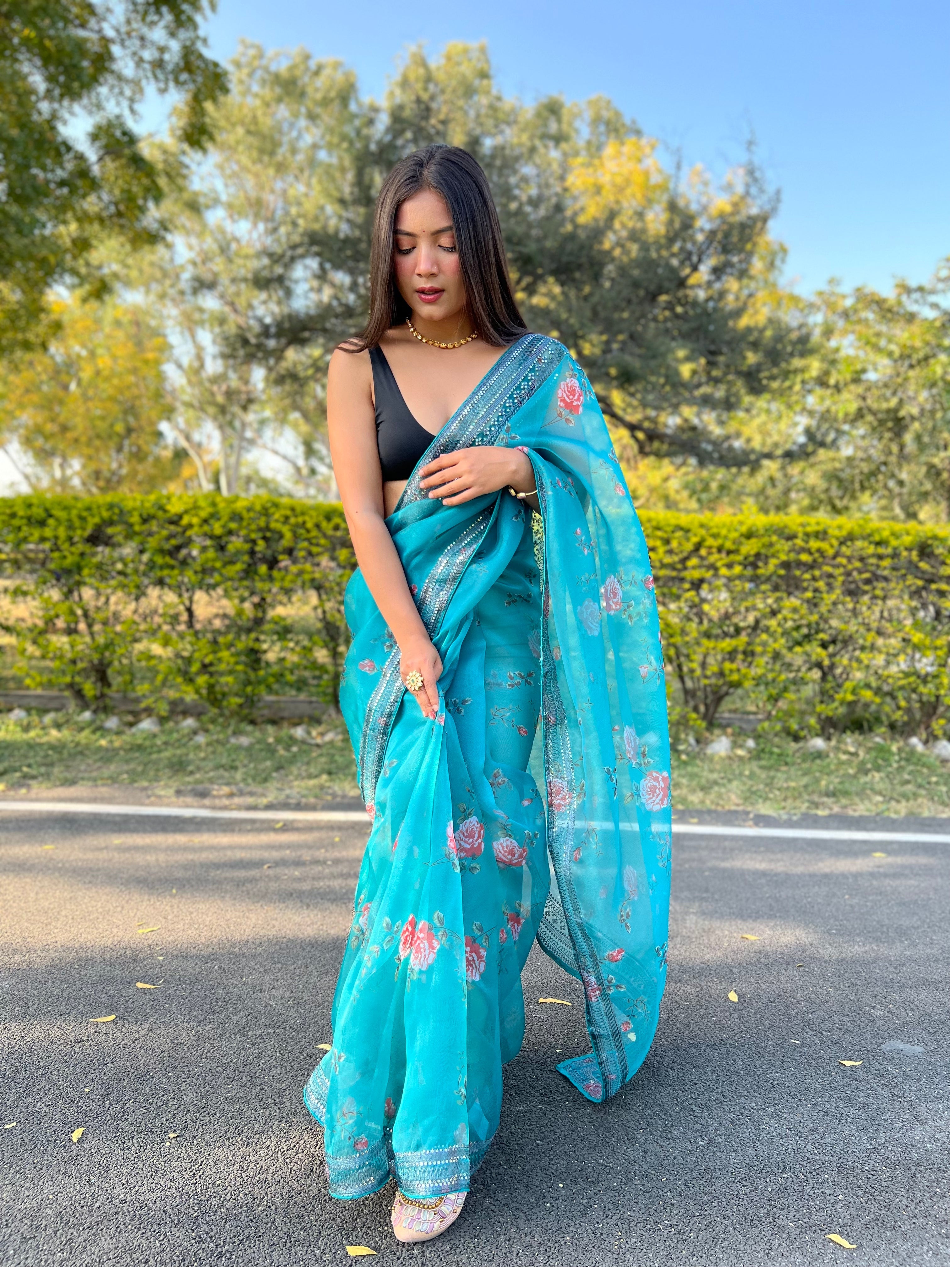 Pure Soft Organza Floral Printed Grey Sequins Coding Work Saree Pacific Blue Clothsvilla