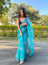 Load image into Gallery viewer, Pure Soft Organza Floral Printed Grey Sequins Coding Work Saree Pacific Blue Clothsvilla