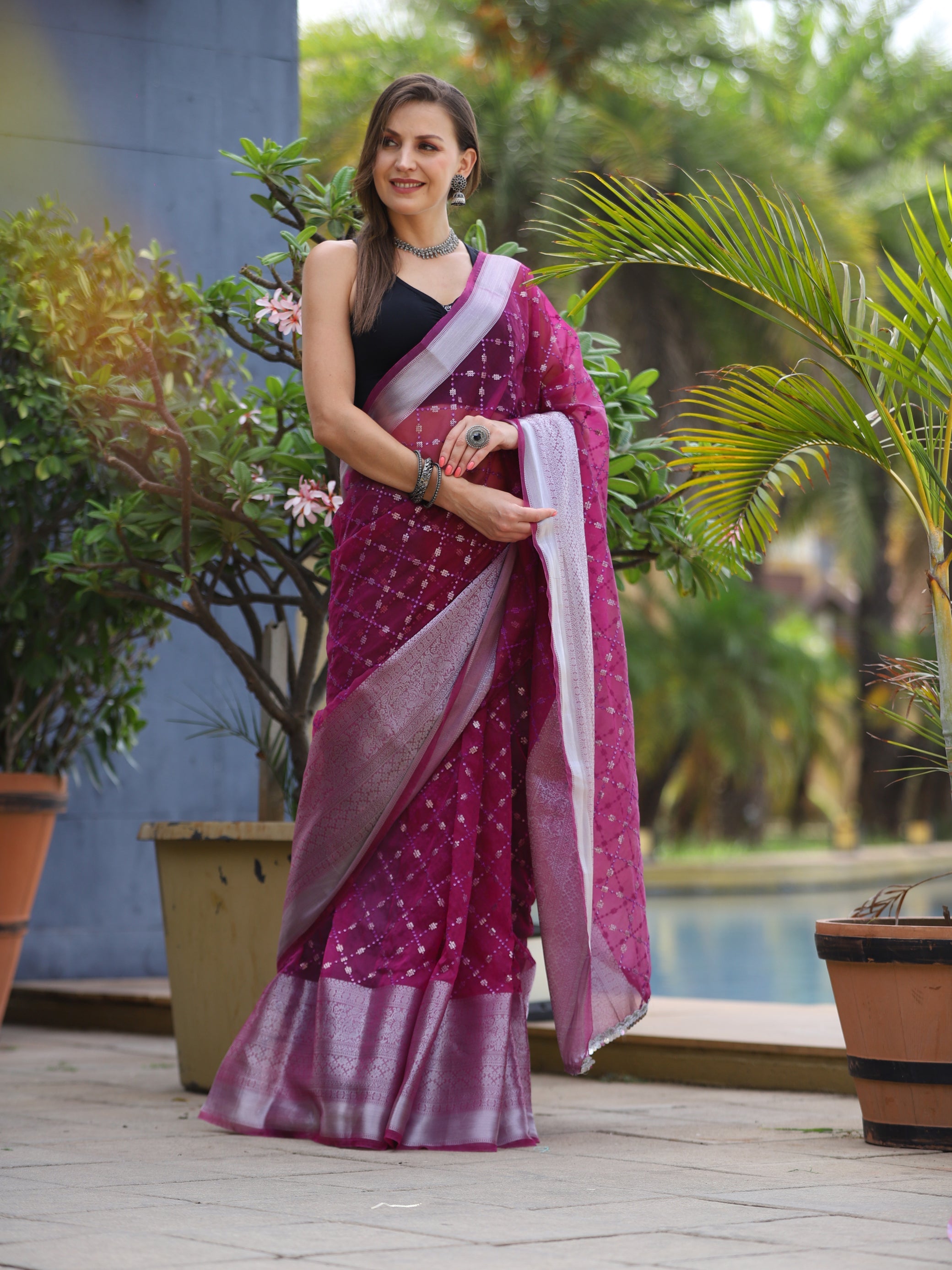 Pure Organza Embroidered Work Saree Grape Purple Clothsvilla
