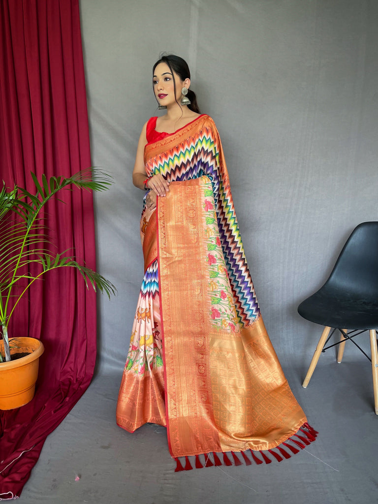 Shrikala Gala Chevron Kalamkari Printed Woven Saree Multicolor Clothsvilla