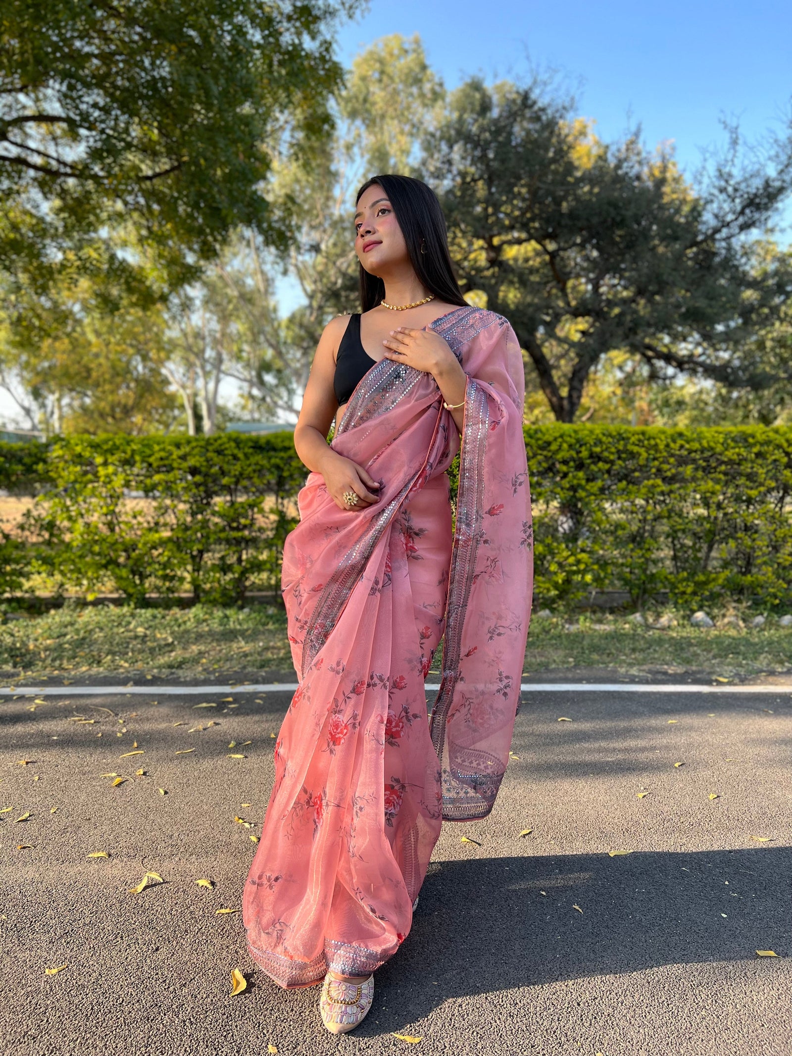 Pure Soft Organza Floral Printed Grey Sequins Coding Work Saree Dusty Pink Clothsvilla