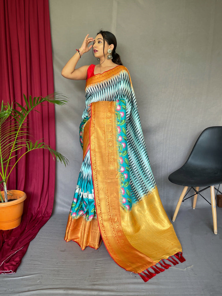 Shrikala Gala Chevron Kalamkari Printed Woven Saree Pacific Blue Clothsvilla