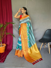 Load image into Gallery viewer, Shrikala Gala Chevron Kalamkari Printed Woven Saree Pacific Blue Clothsvilla