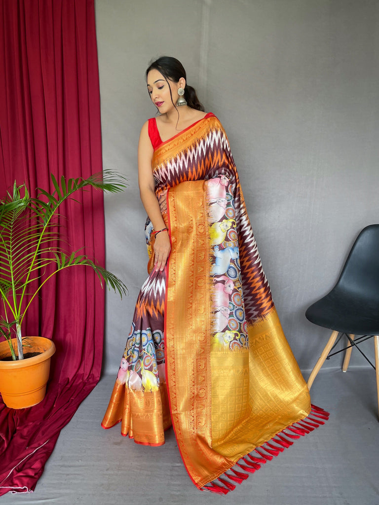 Shrikala Gala Chevron Kalamkari Printed Woven Saree Brown Clothsvilla