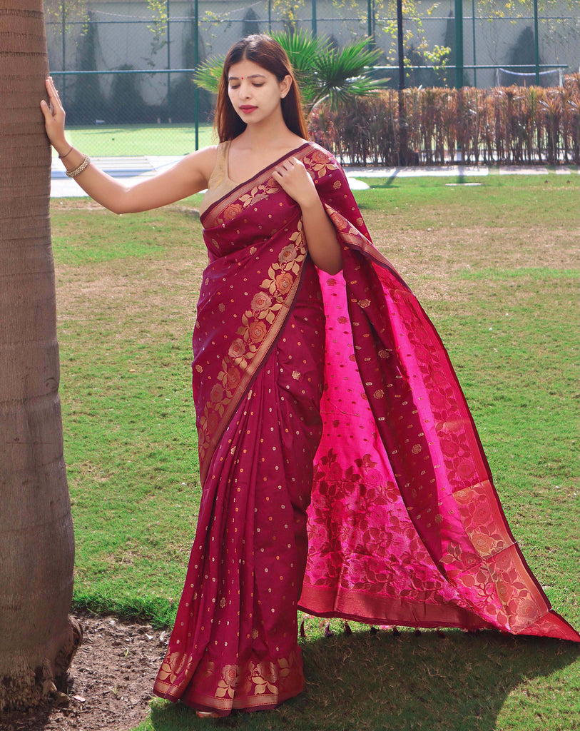 Suhani Soft Silk Saree with Floral Woven Border and Pallu Dark Pink Clothsvilla