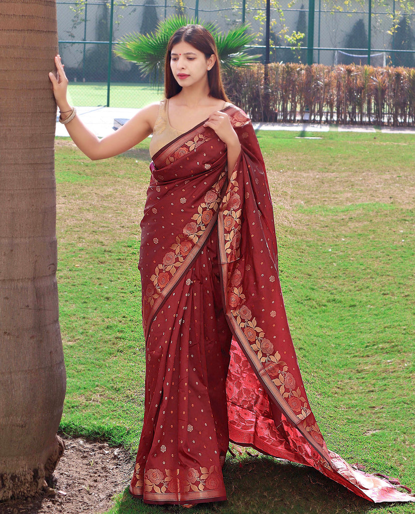 Suhani Soft Silk Saree with Floral Woven Border and Pallu Brown Clothsvilla