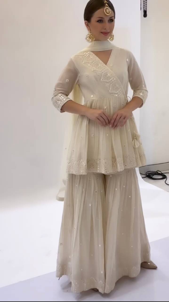 Fancy White Color Mirror Work Sharara Suit Clothsvilla Main image