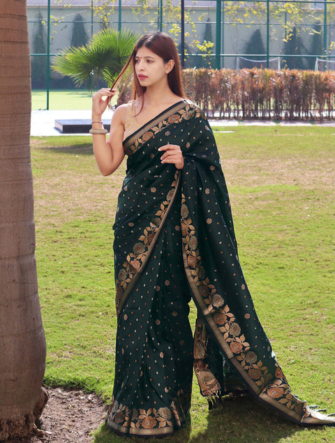 Suhani Silk Saree with Floral Border and Pallu Bottle Green Clothsvilla Main image