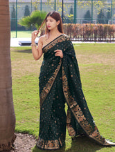 Load image into Gallery viewer, Suhani Silk Saree with Floral Border and Pallu Bottle Green Clothsvilla