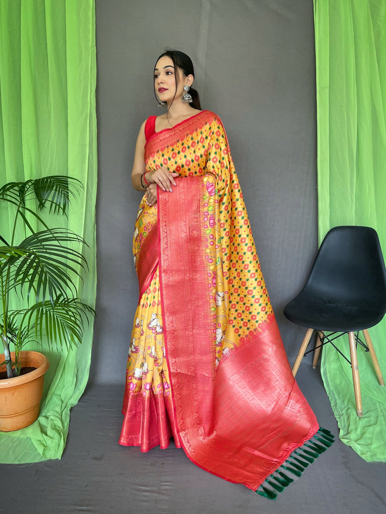 Shrikala Gala Ajrakh Kalamkari Printed Woven Saree Yellow Clothsvilla
