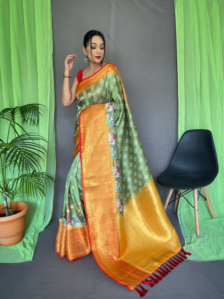 Shrikala Gala Bandhej Kalamkari Printed Woven Saree Flat Green Clothsvilla
