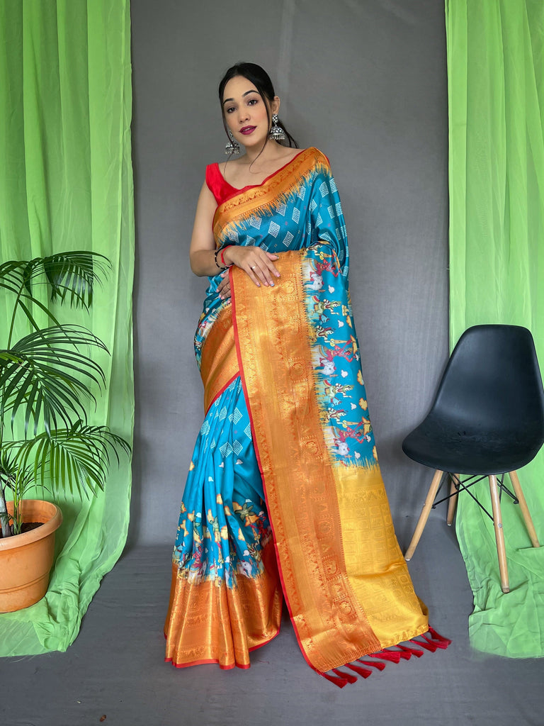 Shrikala Gala Bandhej Kalamkari Printed Woven Saree Eastern Blue Clothsvilla
