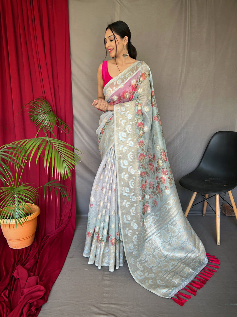 Powder Blue Banarasi Silk Dual Tone Floral Printed Woven Saree Clothsvilla