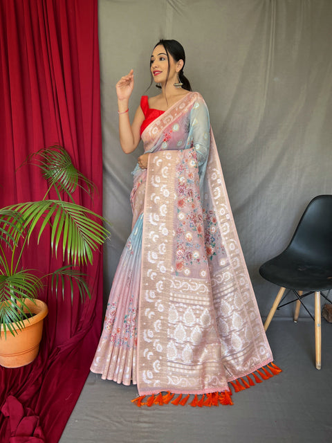 Sky Blue with Pink Banarasi Silk Dual Tone Floral Printed Woven Saree Clothsvilla Main image