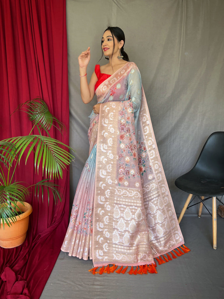Sky Blue with Pink Banarasi Silk Dual Tone Floral Printed Woven Saree Clothsvilla