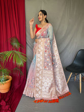 Load image into Gallery viewer, Sky Blue with Pink Banarasi Silk Dual Tone Floral Printed Woven Saree Clothsvilla
