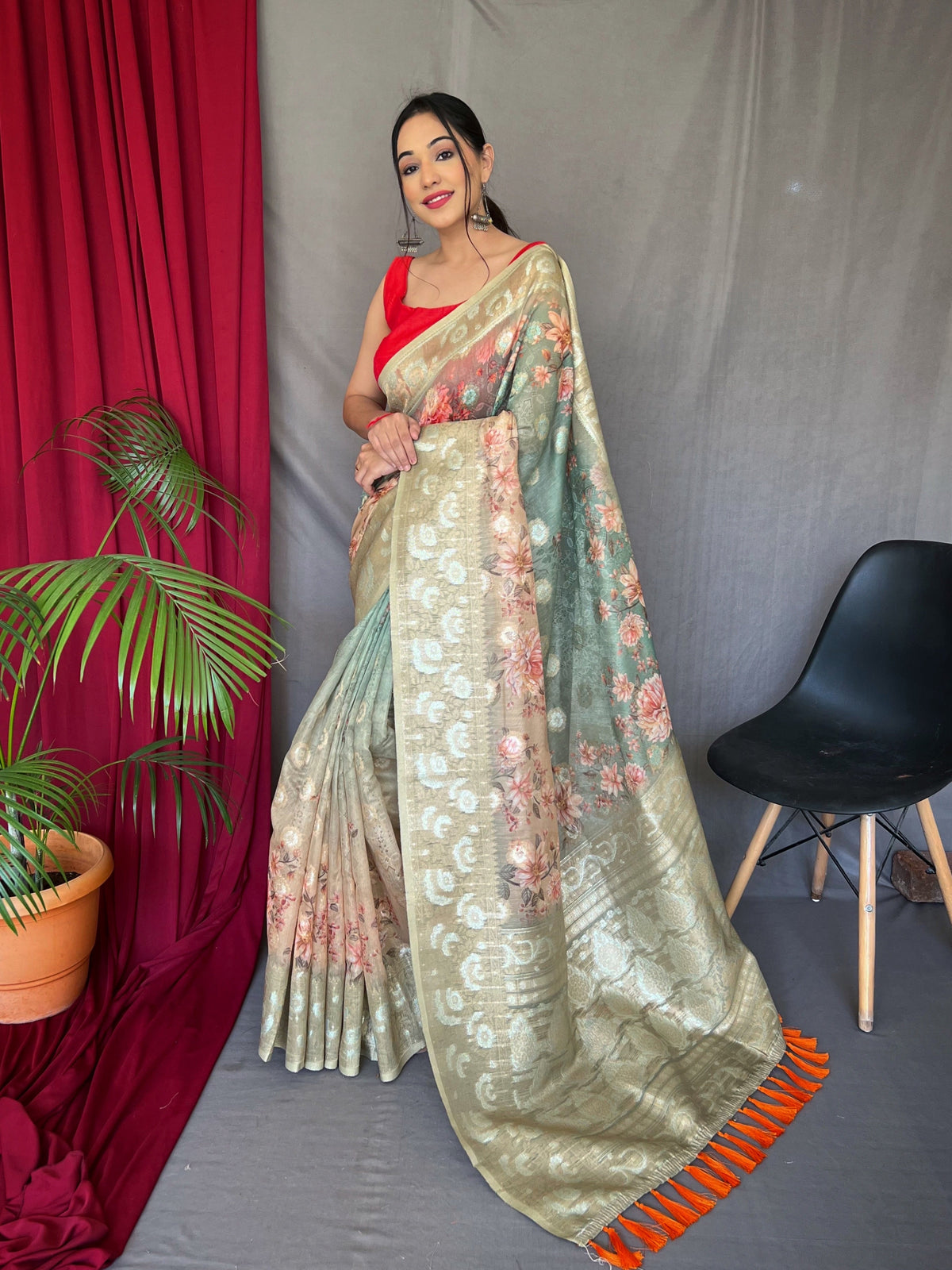 Spanish Green with Peach Banarasi Silk Dual Tone Floral Printed Woven Saree Clothsvilla Main image