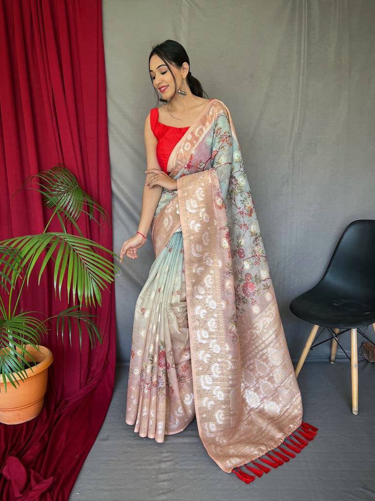 Sky Blue with Dusty Pink Banarasi Silk Dual Tone Floral Printed Woven Saree Clothsvilla