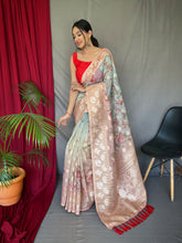Load image into Gallery viewer, Sky Blue with Dusty Pink Banarasi Silk Dual Tone Floral Printed Woven Saree Clothsvilla