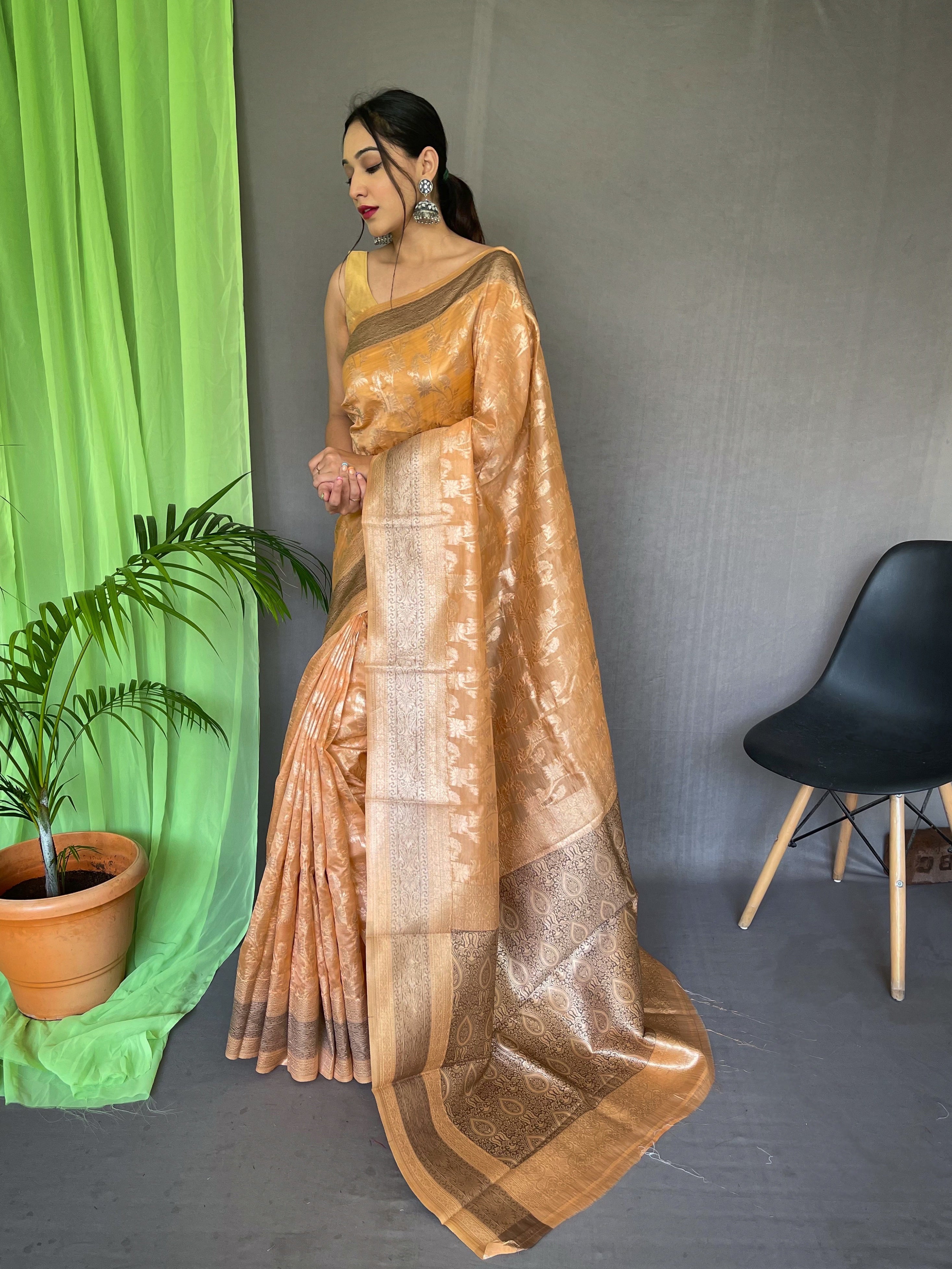 Organza Jaal Woven Saree Peach Clothsvilla