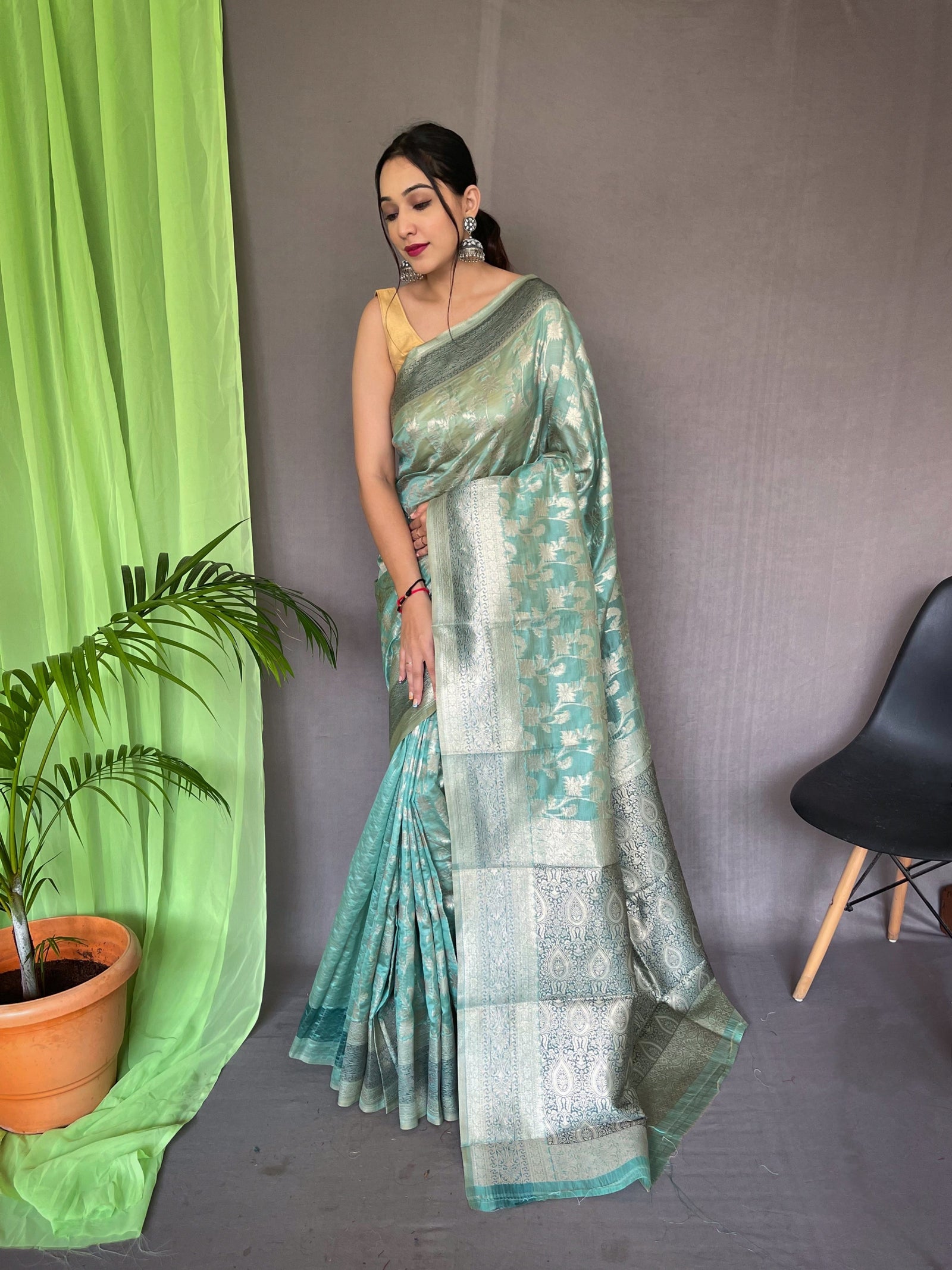 Organza Jaal Woven Saree Cyan Blue Clothsvilla