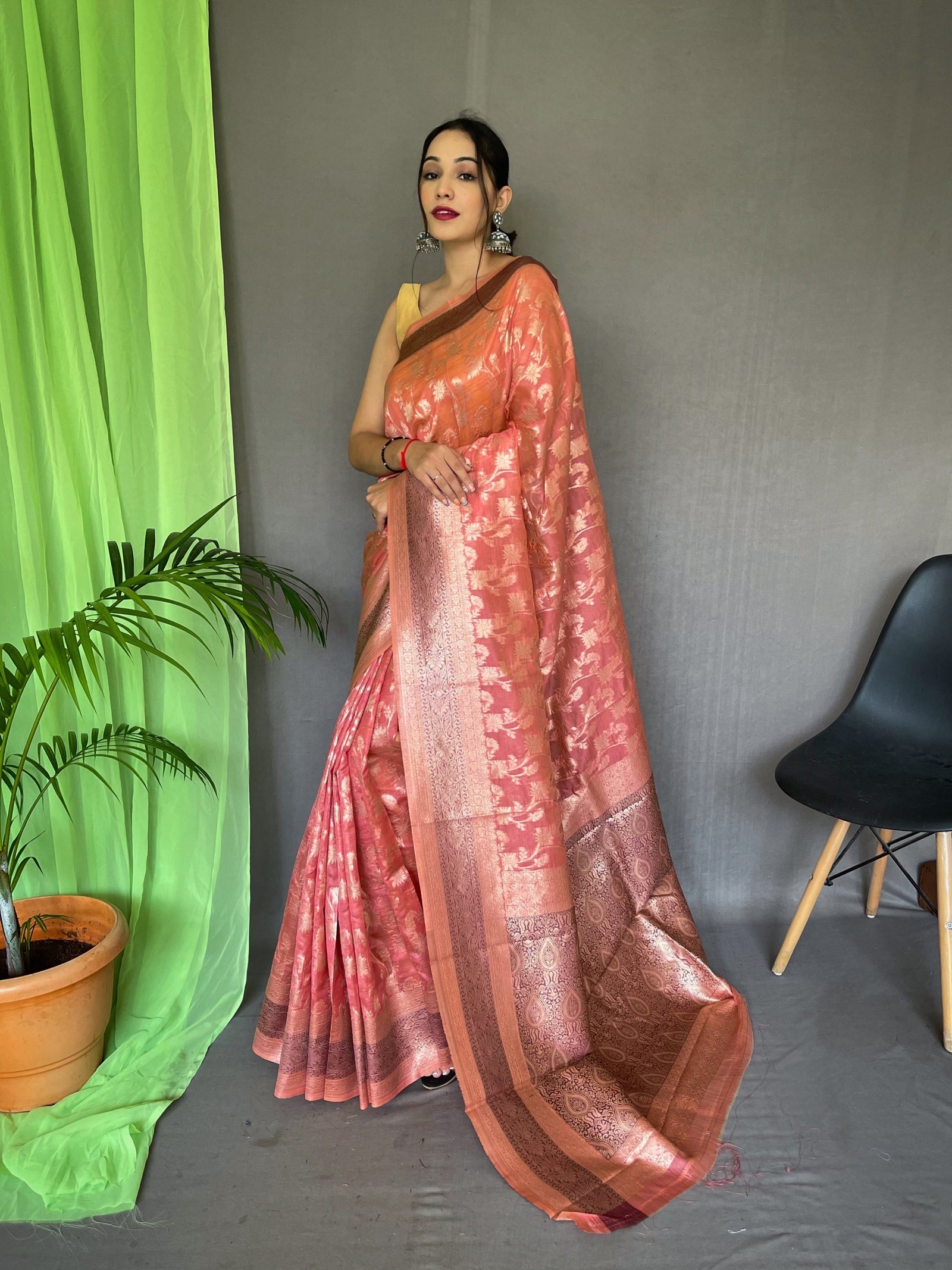 Organza Jaal Woven Saree Coral Pink Clothsvilla