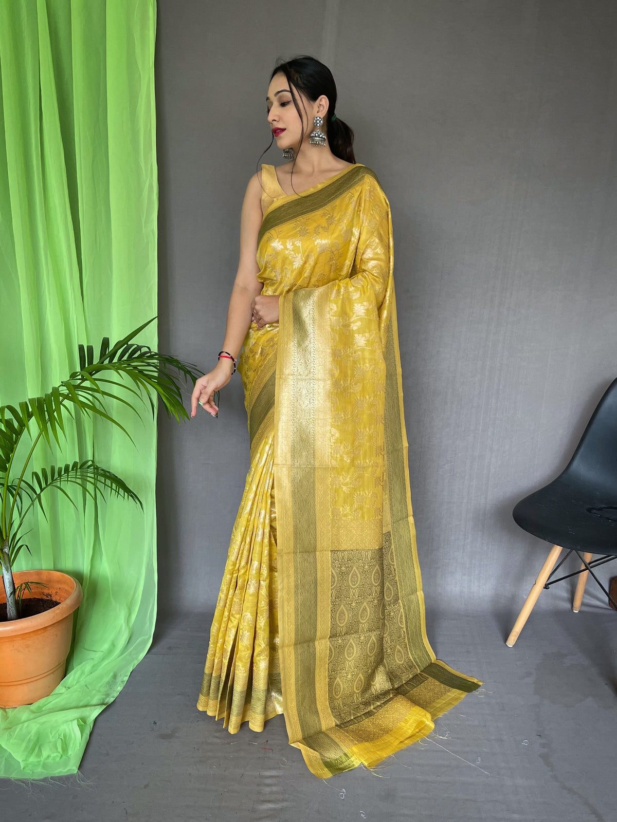 Organza Jaal Woven Saree Yellow Clothsvilla Main image