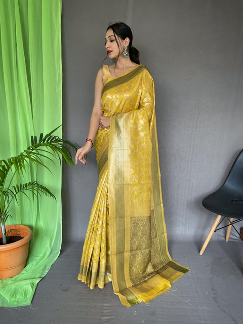 Organza Jaal Woven Saree Yellow Clothsvilla Main image