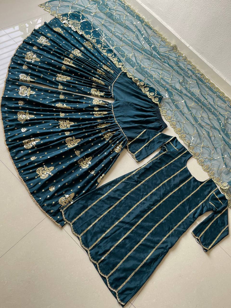Fancy Teal Blue Color Sequence Work Silk Sharara Suit Clothsvilla
