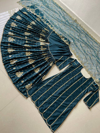 Fancy Teal Blue Color Sequence Work Silk Sharara Suit Clothsvilla