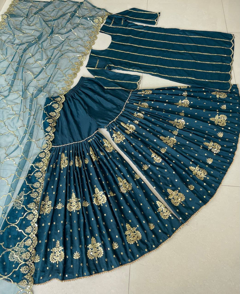 Fancy Teal Blue Color Sequence Work Silk Sharara Suit Clothsvilla