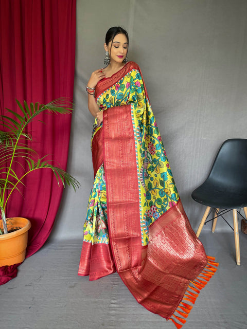 Kalamkari Gala Printed Woven Saree Greenish Yellow with Red Clothsvilla Main image