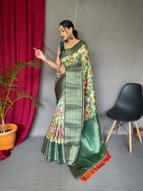 Kalamkari Gala Printed Woven Saree Off-White Green Clothsvilla Main image